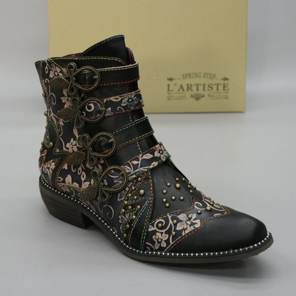 L'Artiste 37 Ladies (6.5-7) Spring Step Rodeha Black Side-zipper Ankle Booties - Picture 1 of 11